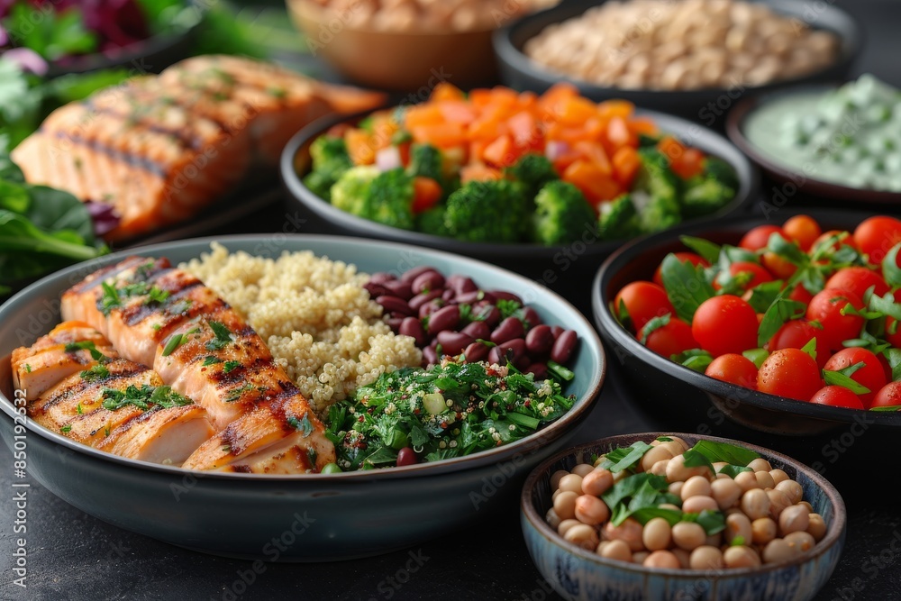 Grilled Chicken Breast With Quinoa, Chickpeas, and Salad delicious and healthy meal Grilled Chicken Breast With Quinoa, Chickpeas, and Salad delicious and healthy meal