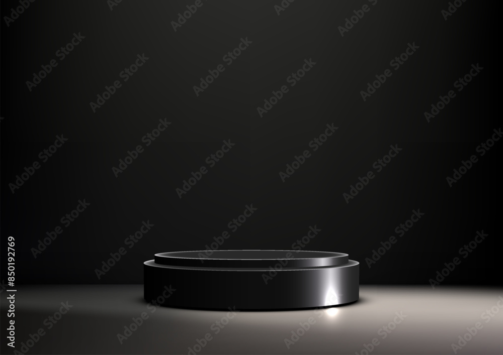 3D Black Podium with Spotlight in Dark Room, Modern Style Product Display Mockup, Showroom Showcase 3D Black Podium with Spotlight in Dark Room, Modern Style Product Display Mockup, Showroom Showcase