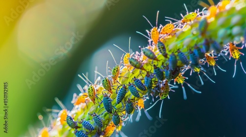 Aphids are tiny, soft-bodied insects that feed on the sap of plants. They can cause damage to crops and gardens, and they can also transmit diseases to plants. photo