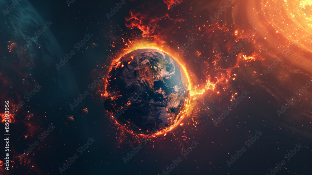 planet engulfed in flames with a dark and intense cosmic backdrop, wide planet engulfed in flames with a dark and intense cosmic backdrop, wide
