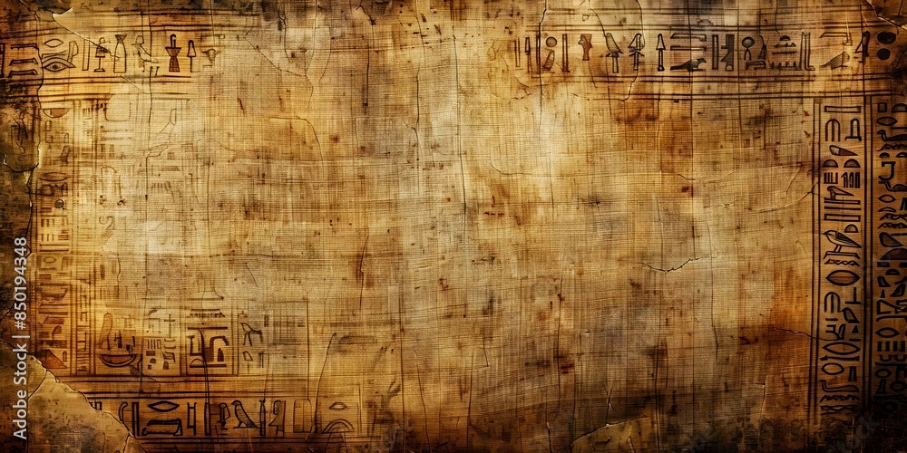 Fototapeta premium Ancient Egyptian Hieroglyphs Engraved on Vintage Papyrus Texture. Concept Ancient Egypt, Hieroglyphs, Vintage Papyrus, Engraving, Archeology