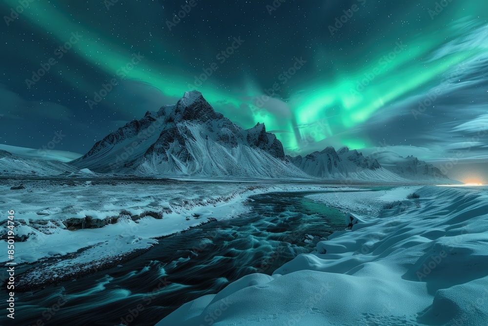 Naklejka premium Snowy Mountains and Aurora