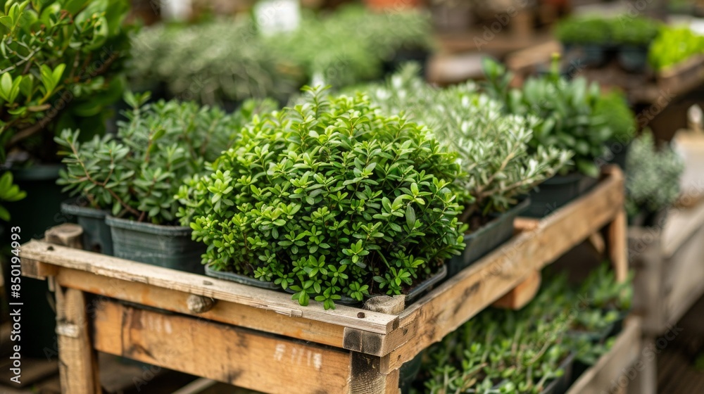 Plants in pots on sale at the local garden center. Plants in pots on sale at the local garden center.
