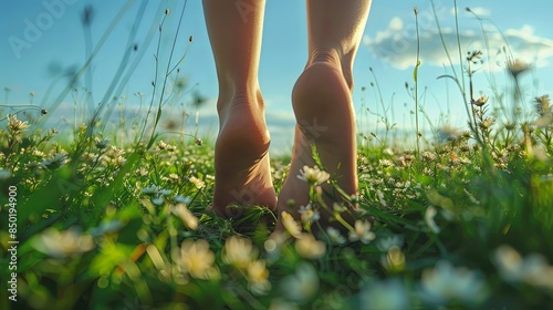 The image depicts a pair of bare feet treading gently among a field full of tiny white flowers, conveying a sense of freedom