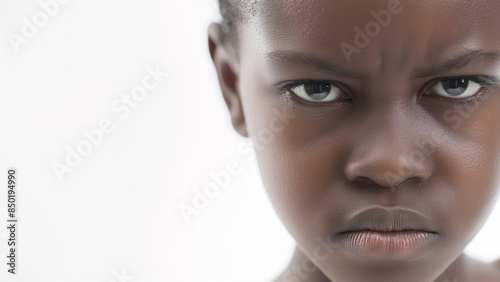 9 years old black female, angry expression, copy space