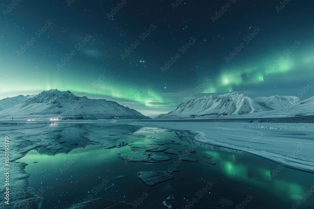 Fototapeta premium Snowy Mountains and Aurora