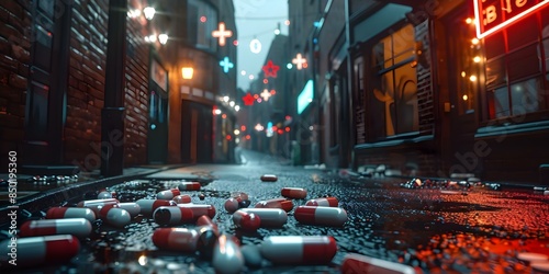 Symbolizing the struggles of addiction A dark alley filled with drug paraphernalia. Concept Addiction struggles, Dark alley, Drug paraphernalia