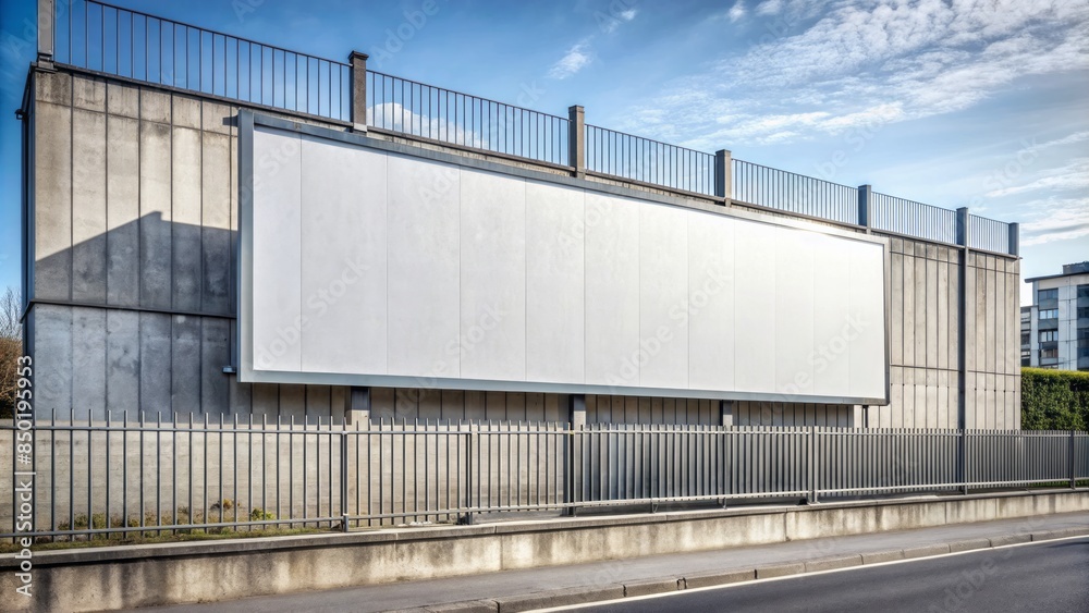 A massive blank white horizontal billboard on a weathered gray fence stands prominently amidst urban backdrop, awaits brand advertisement, branding, or promotional messaging. A massive blank white horizontal billboard on a weathered gray fence stands prominently amidst urban backdrop, awaits brand advertisement, branding, or promotional messaging.
