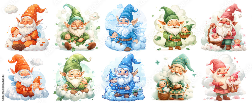 Set of Cute gnome with baby and Clouds, Clipart, isolated, png generated ai Set of Cute gnome with baby and Clouds, Clipart, isolated, png generated ai