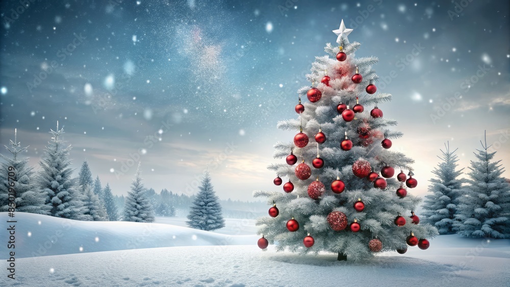 Festive christmas tree adorned with red ornaments stands tall in serene snowy landscape with abstract winter backdrop, silver sky, and delicate white snowflakes. Festive christmas tree adorned with red ornaments stands tall in serene snowy landscape with abstract winter backdrop, silver sky, and delicate white snowflakes.