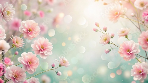 Soft focal abstract floral backdrop featuring delicate pink blooms on a gentle pastel color palette, perfect for spring or summer banners with ample copy space.
