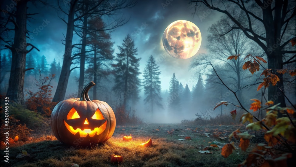 Fototapeta premium Ominous autumnal landscape featuring a glowing jack-o-lantern situated amidst a dark mystical forest under the watchful gaze of a full moon with ample copyspace.