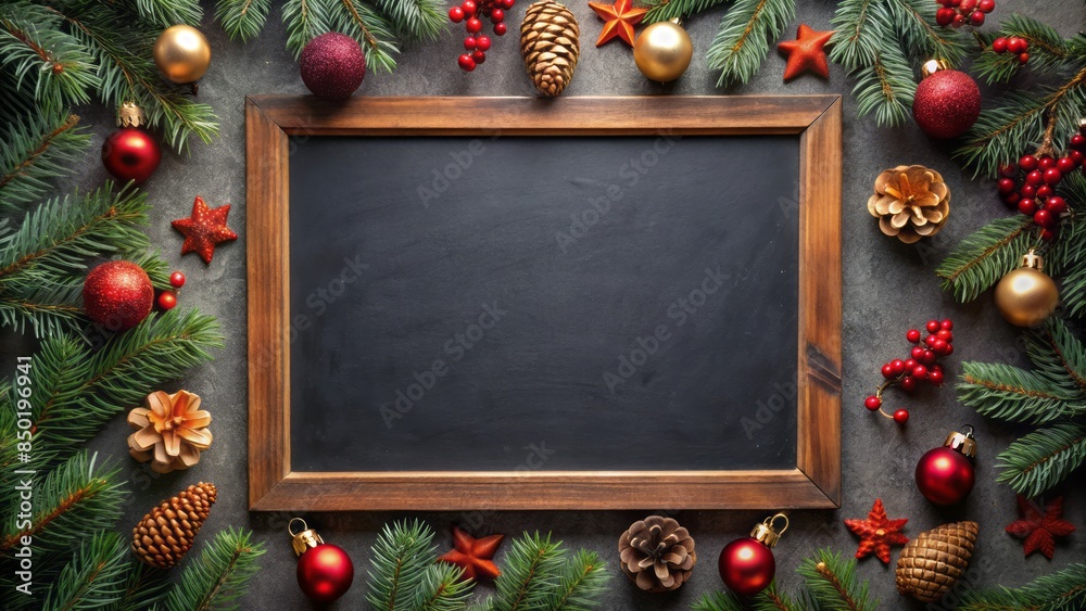 Elegant dark background with rustic wooden framed blackboard adorned with festive season decorations, awaiting your message, from a bird's eye view perspective. Elegant dark background with rustic wooden framed blackboard adorned with festive season decorations, awaiting your message, from a bird's eye view perspective.
