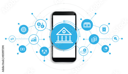 Banking and Finance by mobile phone concept. digital connect system. Financial and Banking technology with integrated circles, glowing line icons and on blue background. vector design.