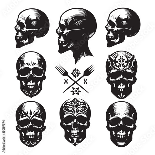 Silhouette set of skull head. Vector isolated illustration