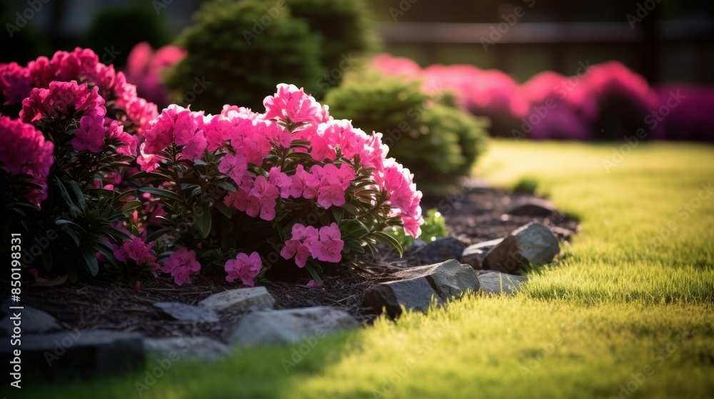 Fototapeta premium Sunlit residential backyard with meticulously manicured lawn, vibrant flowerbed, and lush shrubs