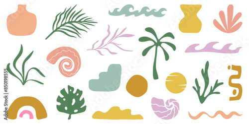Retro Groovy Surf Club in trendy Boho style. Naive Geometric Summer Palm Tree. Simple background of sun sea. Retro Summer Beach Hand Drawn isolated illustration. Vintage Surf Club. Vector illustration