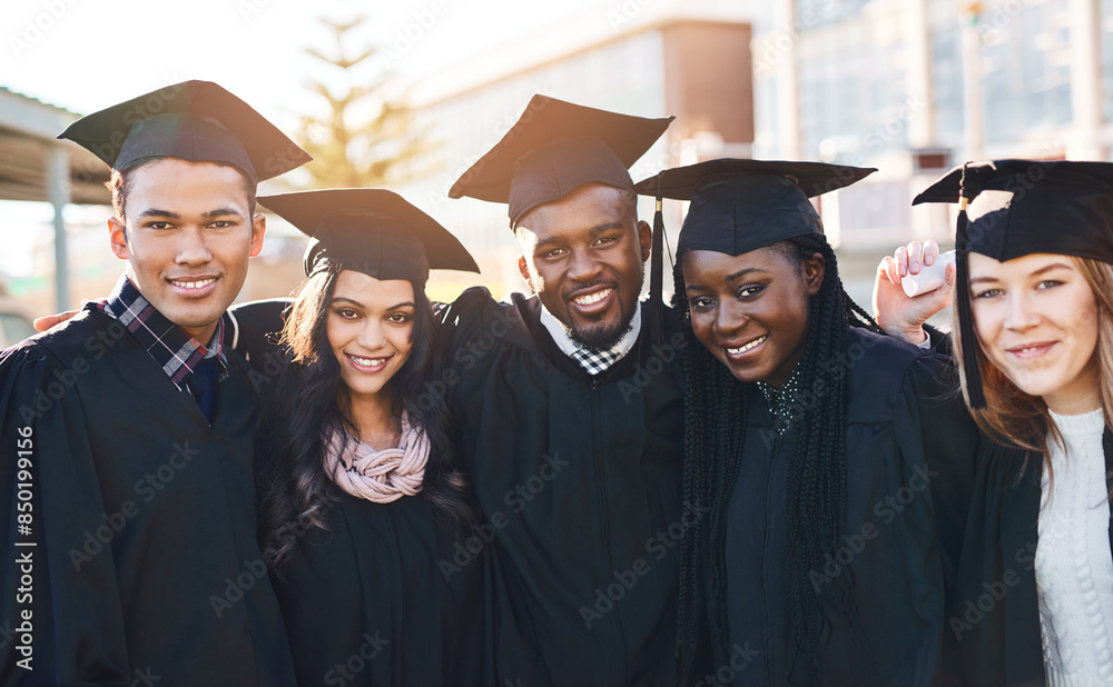 Obraz premium School, university and portrait of friends for graduation, ceremony and academic success. College, diversity and happy men and women on campus with achievement for education, learning and studying