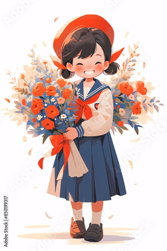 Illustration of girl holding flowers in hands, Thanksgiving Teacher's Day and Mother's Day concept illustration