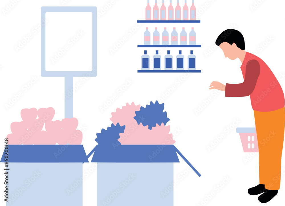 Naklejka premium The boy is looking for groceries to buy.