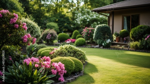 Sunny residential backyard with meticulously manicured lawn, flowerbed, and lush shrubs