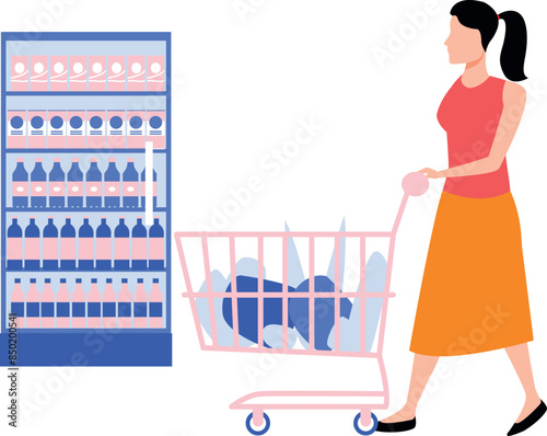 The girl is carrying a shopping trolley.