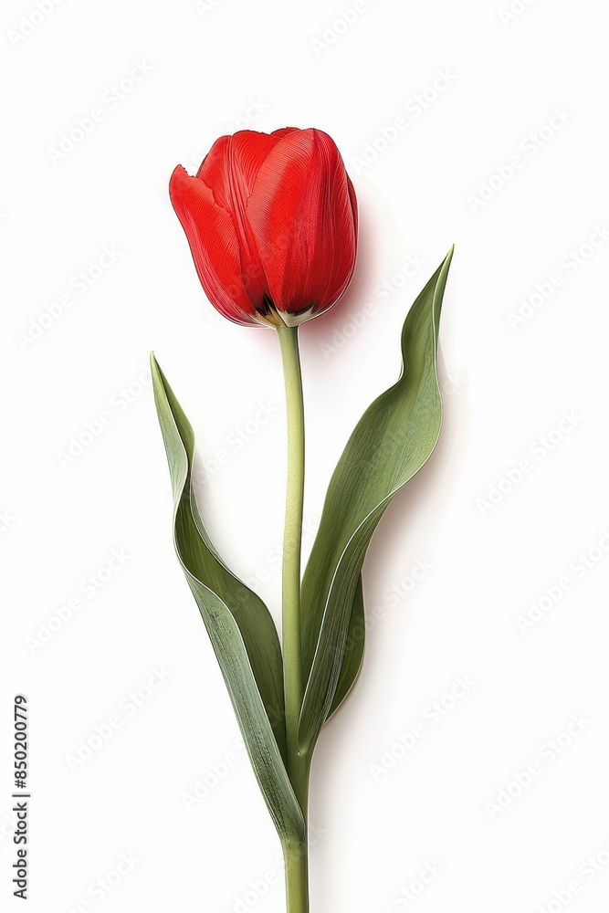 A vibrant red tulip bloom set against a pristine white background A vibrant red tulip bloom set against a pristine white background