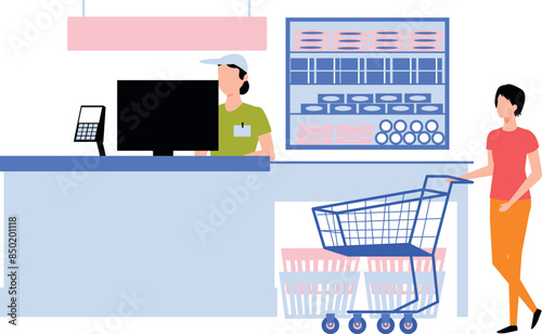 The girl is standing at the reception of the store.