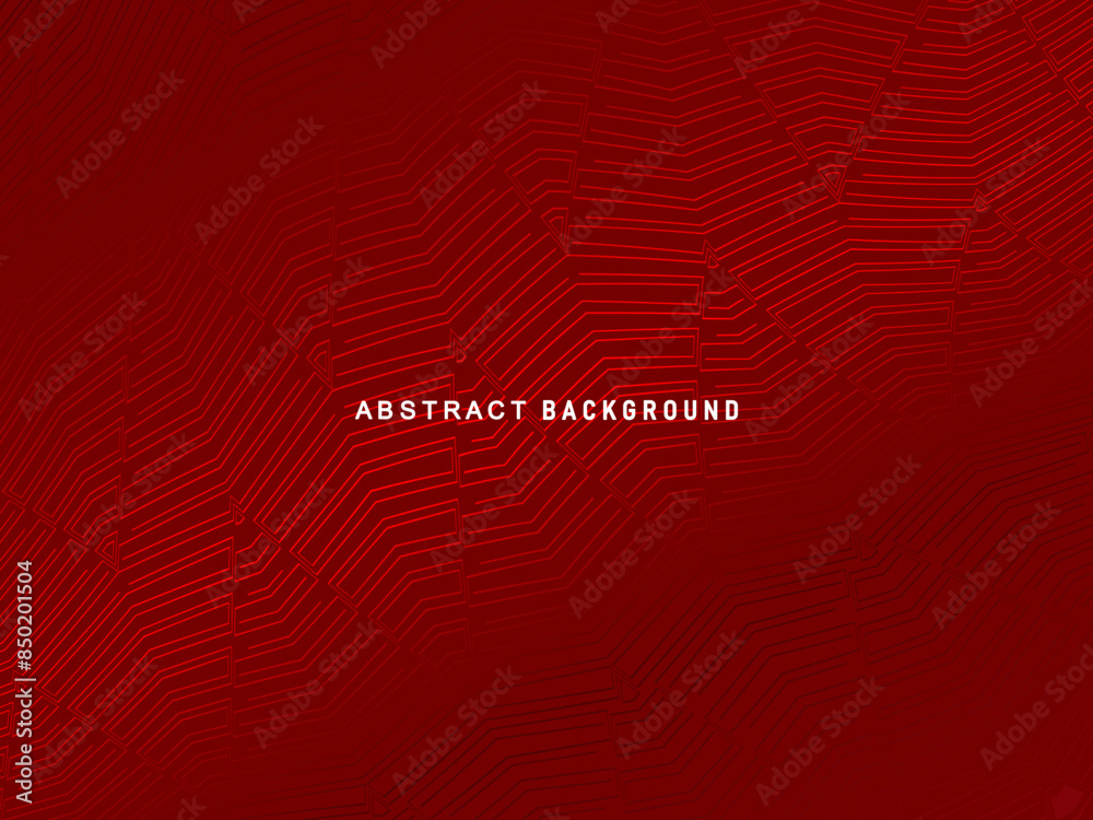 Abstract red glowing geometric lines on dark red background. Modern shiny red circle lines pattern. Futuristic technology concept, perfect for covers, posters, banners, brochures, websites, etc.