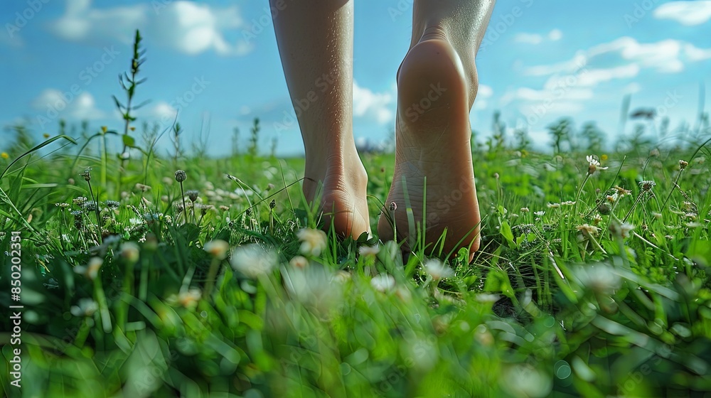 Close-up of bare feet walking through a meadow under a vivid blue sky with white clouds, showcasing a connection with nature Close-up of bare feet walking through a meadow under a vivid blue sky with white clouds, showcasing a connection with nature