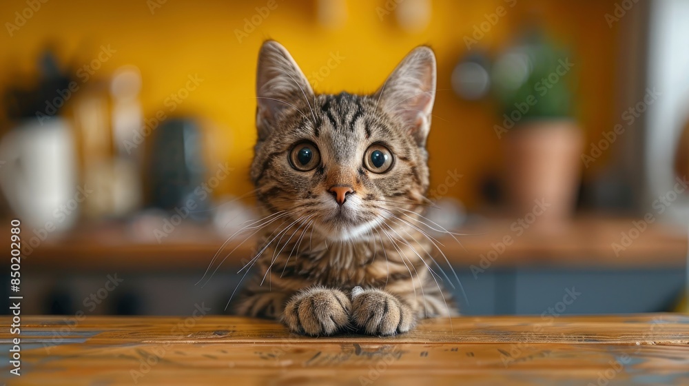 A Beautiful And Funny Cat Sitting At The Table, Looking Up With Curiosity Against A Vibrant Yellow Background A Beautiful And Funny Cat Sitting At The Table, Looking Up With Curiosity Against A Vibrant Yellow Background