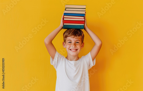 happy young boy holding books on his head, yellow background, wearing white tshirt