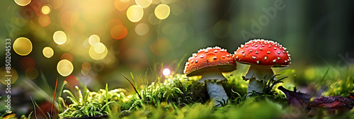 Amanita Muscaria muscimol mushroom Amanita fly agaric mushrooms in forest with grass on the background. Creative banner. Copyspace image photo