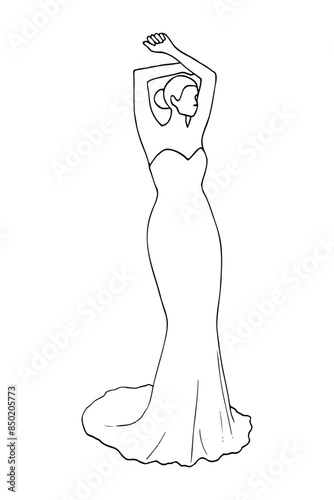 bride stands in a long bustier dress with her arms gracefully raised above her head - hand drawn doodle drawing bride or model posing for a photo