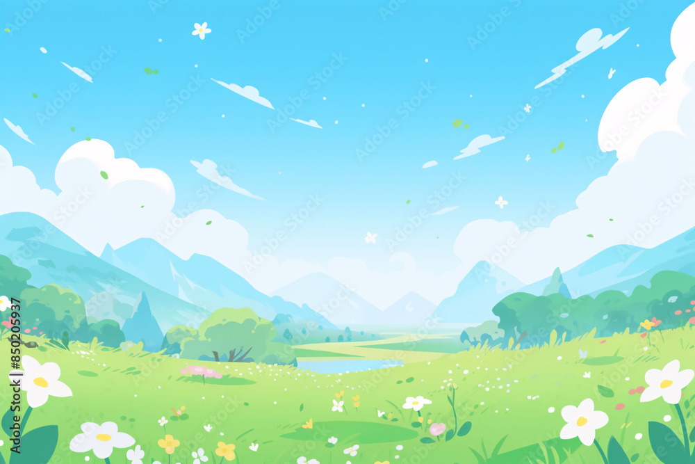 Fototapeta premium Beautiful spring outdoor landscape cartoon illustration, Beginning of Spring concept illustration background