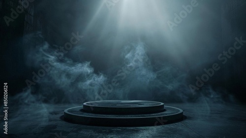 Dark podium on smoky background with spotlight dramatic and empty atmosphere Concept Podium Photoshoot Dramatic Lighting Smoky Background Empty Atmosphere