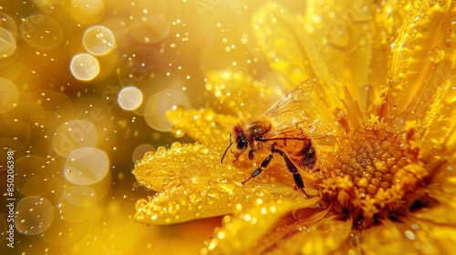 Close up  bee in dew drops on yellow flower in morning light captured in super macro photography