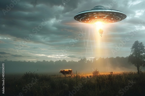 UFO alien craft abducts cows using light photo