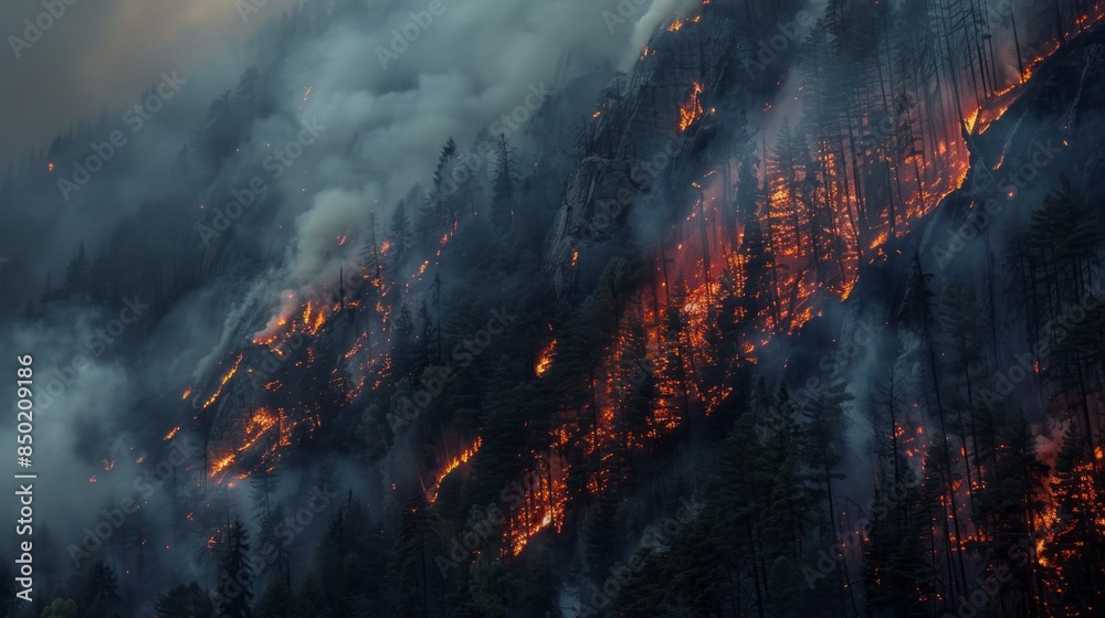 Obraz premium A forest fire is raging through a mountain range, with smoke
