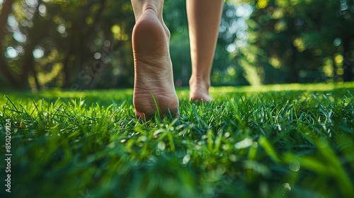 This image captures a close-up of a person's feet walking on wet dew-covered grass, with the focus on the interaction between skin and nature