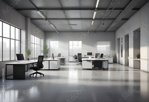 Photorealistic 3D visualization of a stylish, contemporary open space office interior