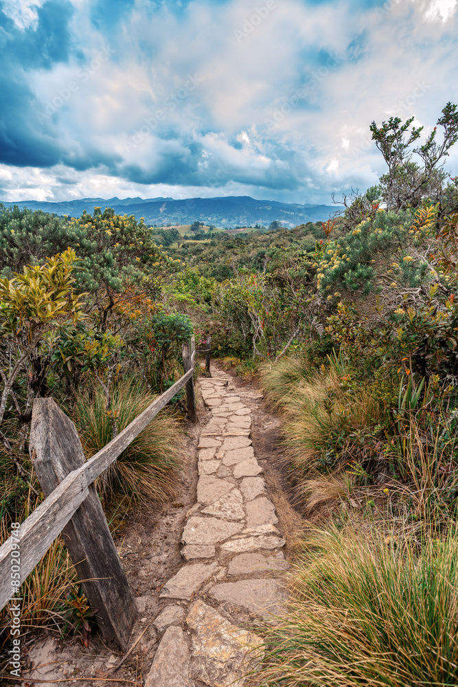 Lake Guatavita trail (Laguna Guatavita) located in the Cordillera Oriental of the Colombian Andes. Sacred site of the native Muisca Indians. Cundinamarca department, Colombia wilderness landscape. Lake Guatavita trail (Laguna Guatavita) located in the Cordillera Oriental of the Colombian Andes. Sacred site of the native Muisca Indians. Cundinamarca department, Colombia wilderness landscape.