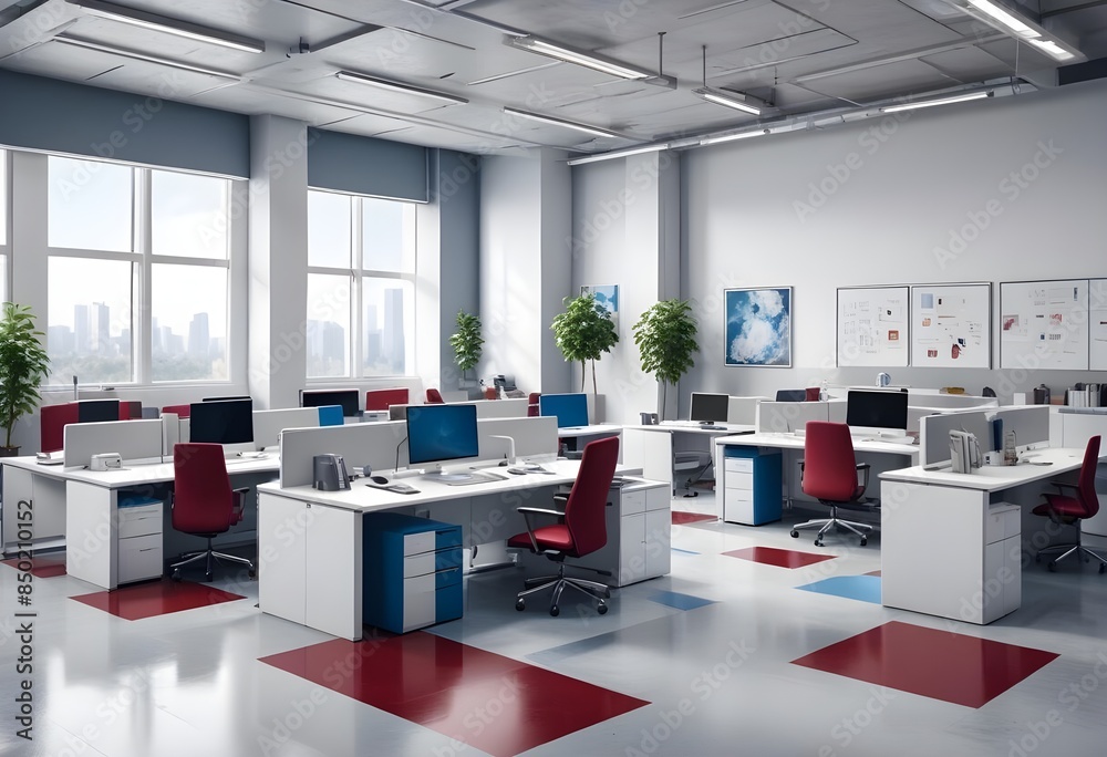 Photorealistic 3D visualization of a stylish, contemporary open space office interior Photorealistic 3D visualization of a stylish, contemporary open space office interior