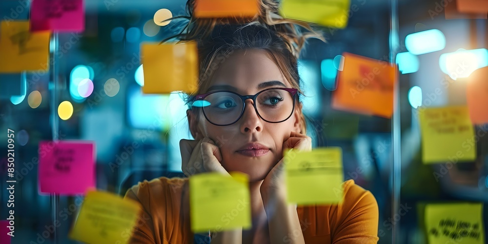 A woman with a clear focus organizing sticky notes incognito. Concept Organization, Focus, Productivity, Sticky Notes, Incognito A woman with a clear focus organizing sticky notes incognito. Concept Organization, Focus, Productivity, Sticky Notes, Incognito
