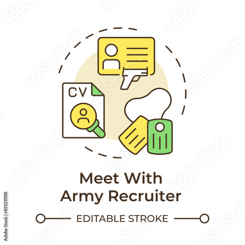 Meet with army recruiter multi color concept icon. Physical health, military specialty. Round shape line illustration. Abstract idea. Graphic design. Easy to use in infographic, presentation