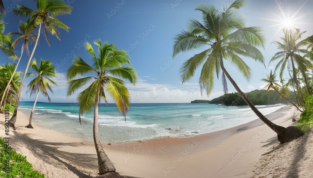Fototapeta premium Coastal Paradise: Panoramic Vista of Coconut Beach