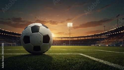 textured free soccer field in the evening light - center, midfield with the soccer ball. photo