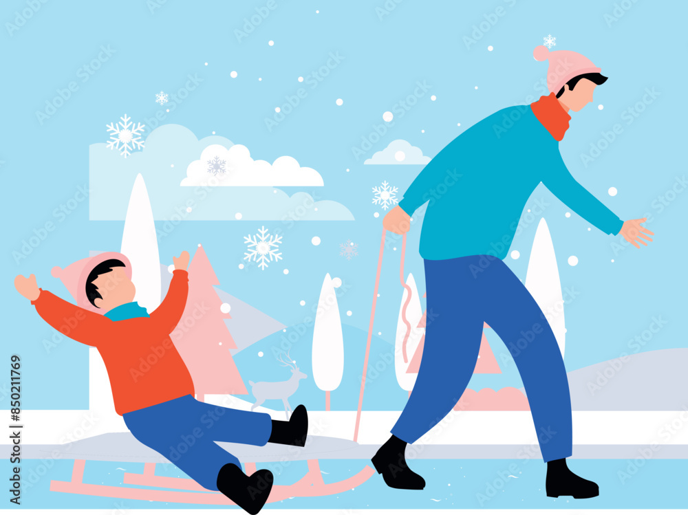 A boy is carrying a child on a sleigh. A boy is carrying a child on a sleigh.