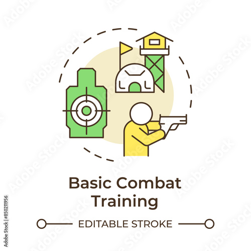Basic combat training multi color concept icon. Military camp, army job. Shooting target body. Round shape line illustration. Abstract idea. Graphic design. Easy to use in infographic, presentation