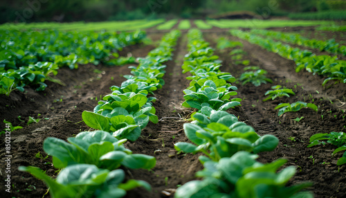 Rows of harvest of spinach in garden outdoor, no people